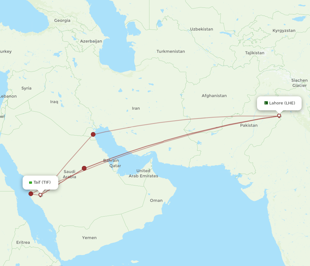 LHE to TIF flights and routes map