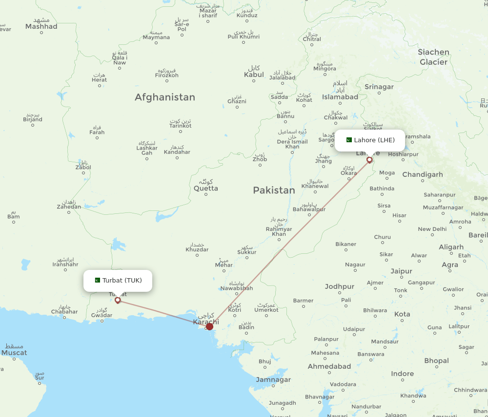 Lahore - Turbat route map and flight paths