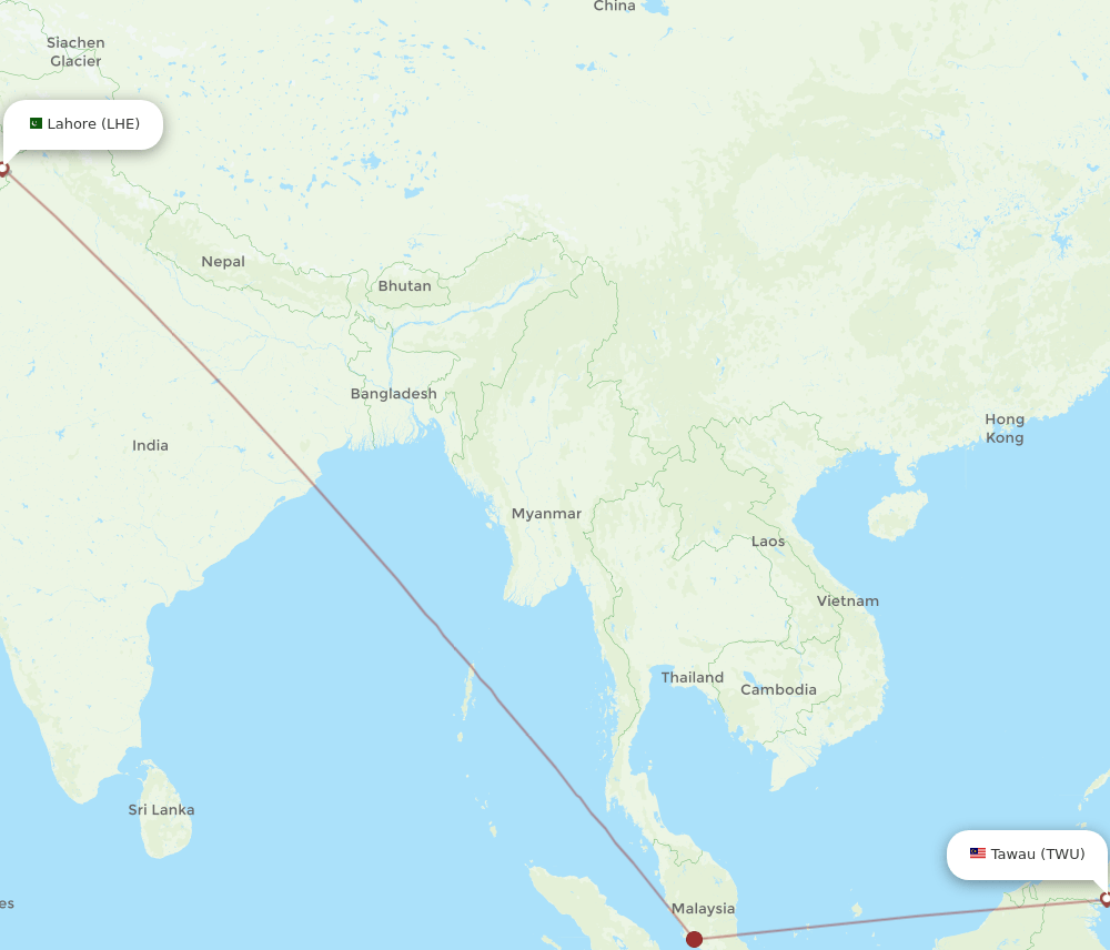 Tawau - Lahore route map and flight paths