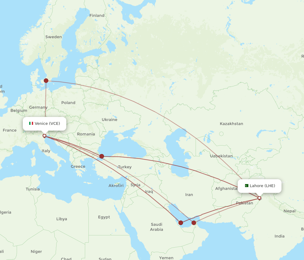 LHE-VCE flight routes