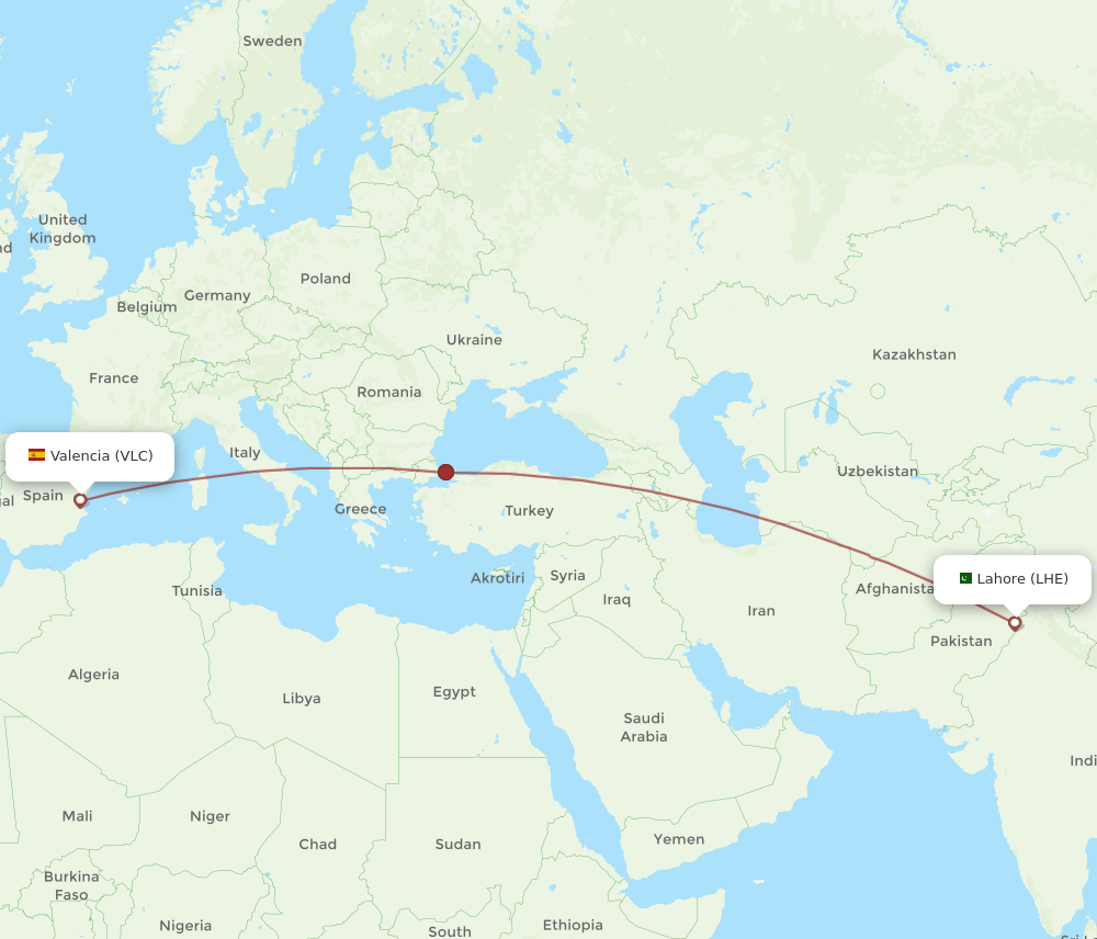 LHE-VLC flight routes