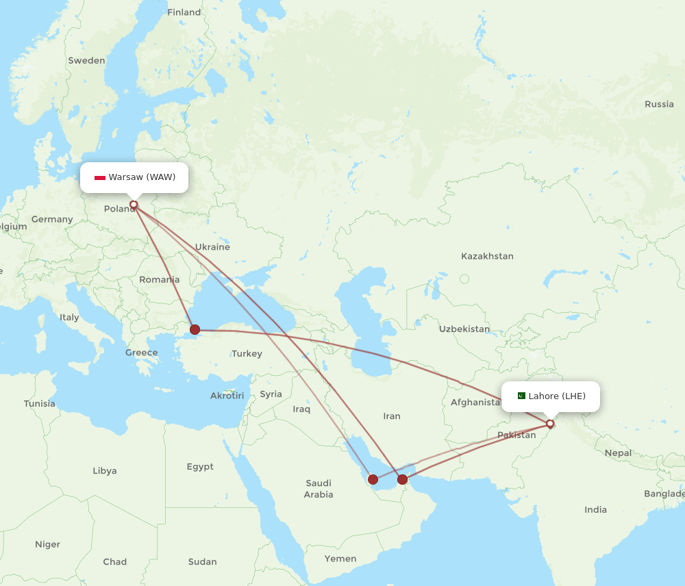 LHE to WAW flights and routes map