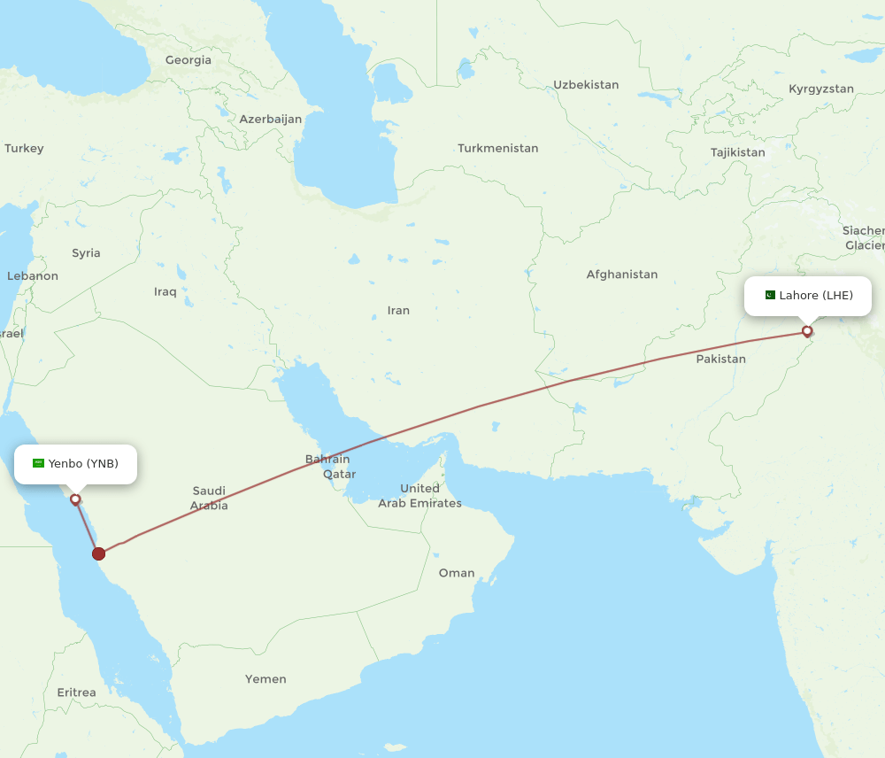 LHE to YNB flights and routes map
