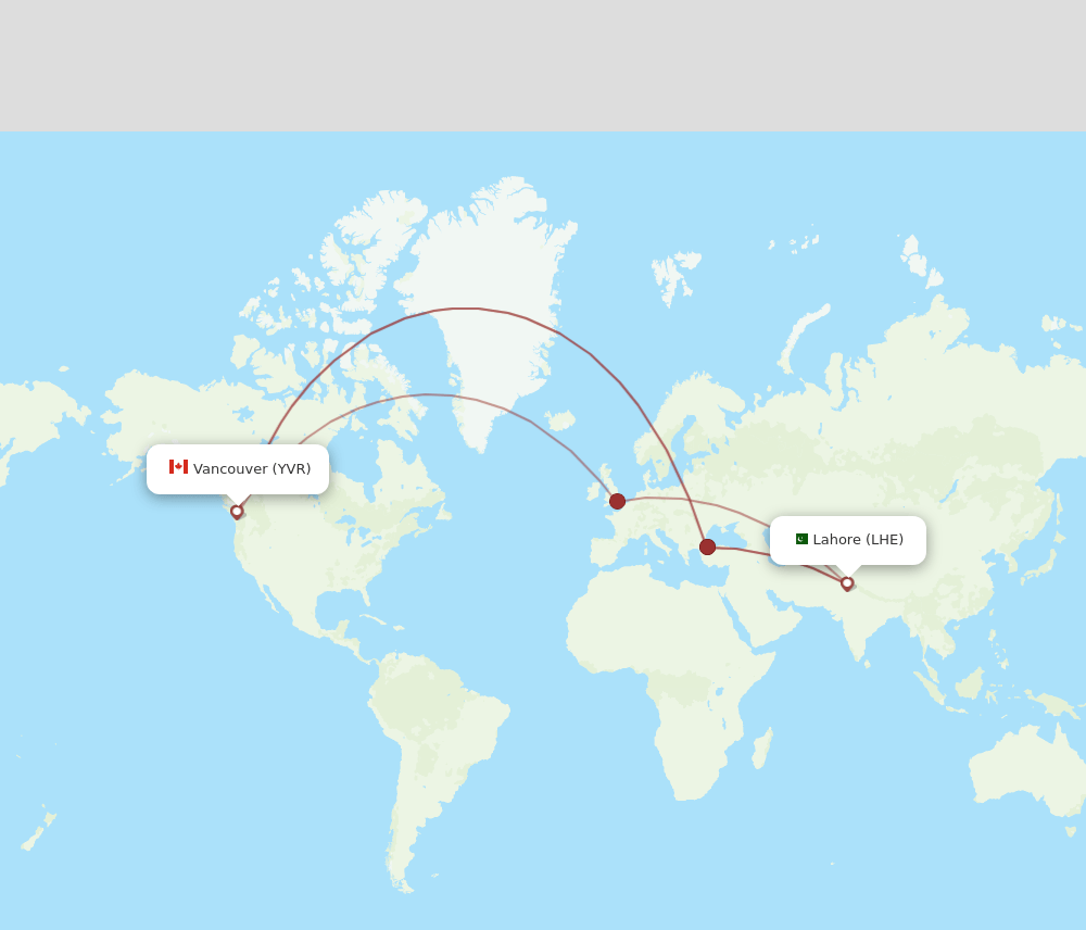 Vancouver - Lahore route map and flight paths