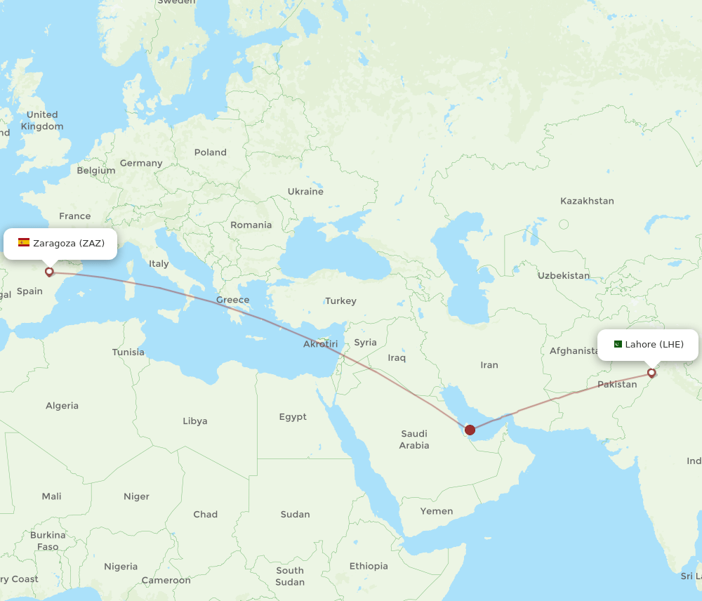 Lahore - Zaragoza route map and flight paths