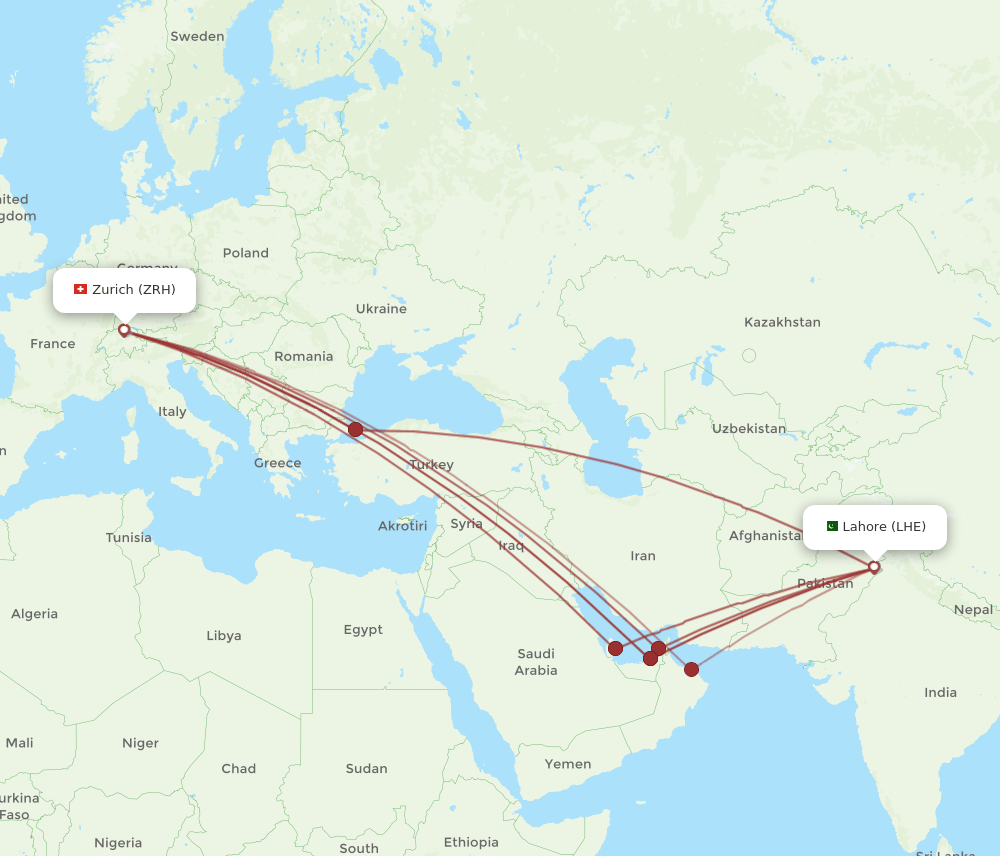 Zurich - Lahore route map and flight paths