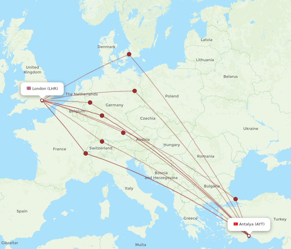LHR to AYT flights and routes map