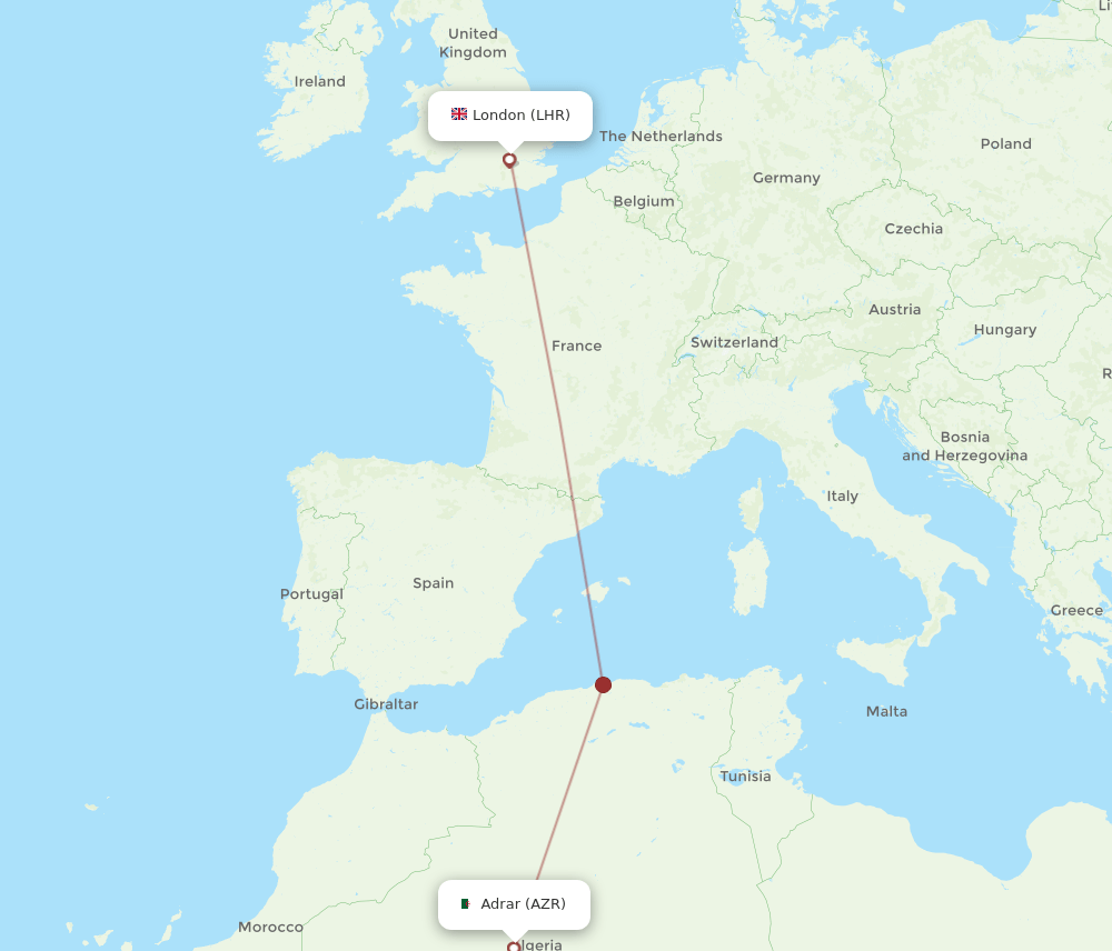 Adrar - London route map and flight paths