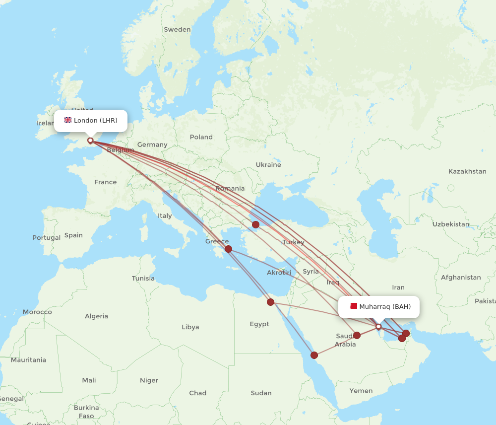 LHR to BAH flights and routes map