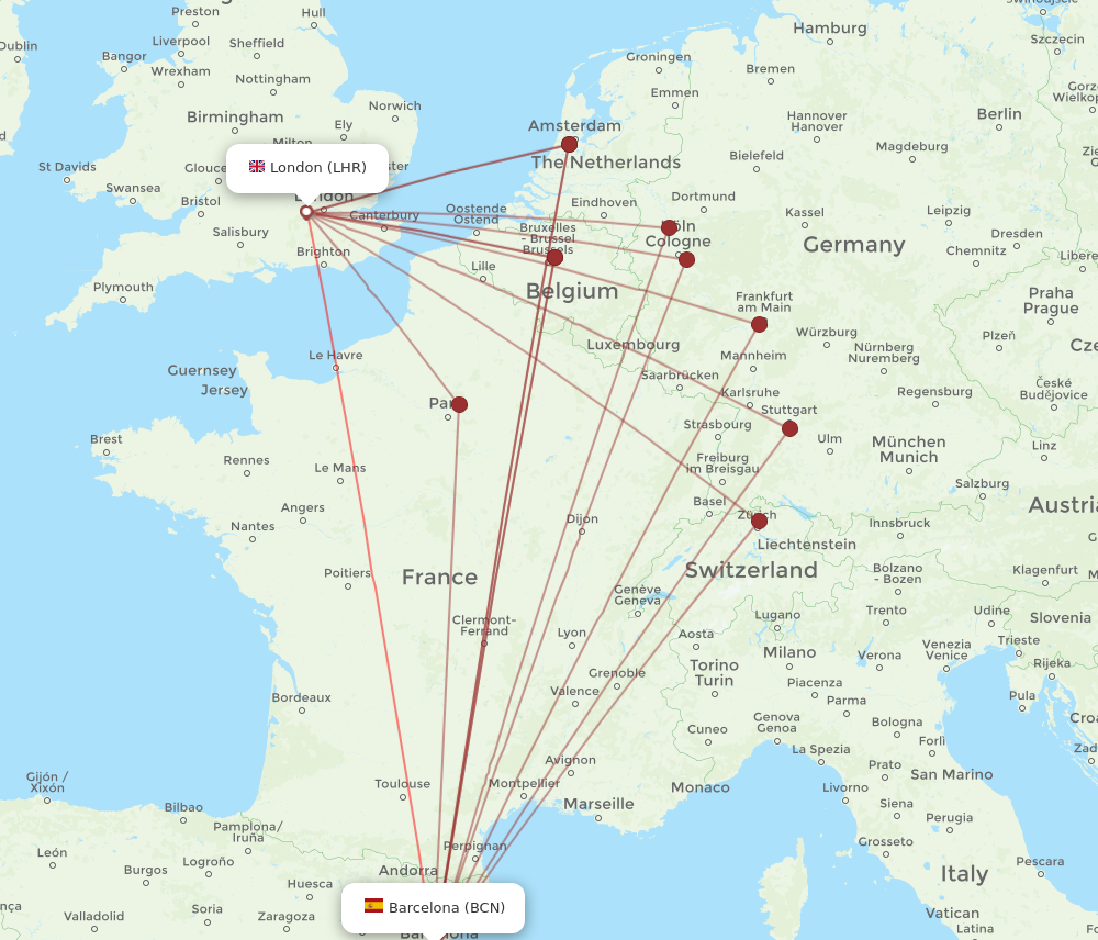 LHR to BCN flights and routes map