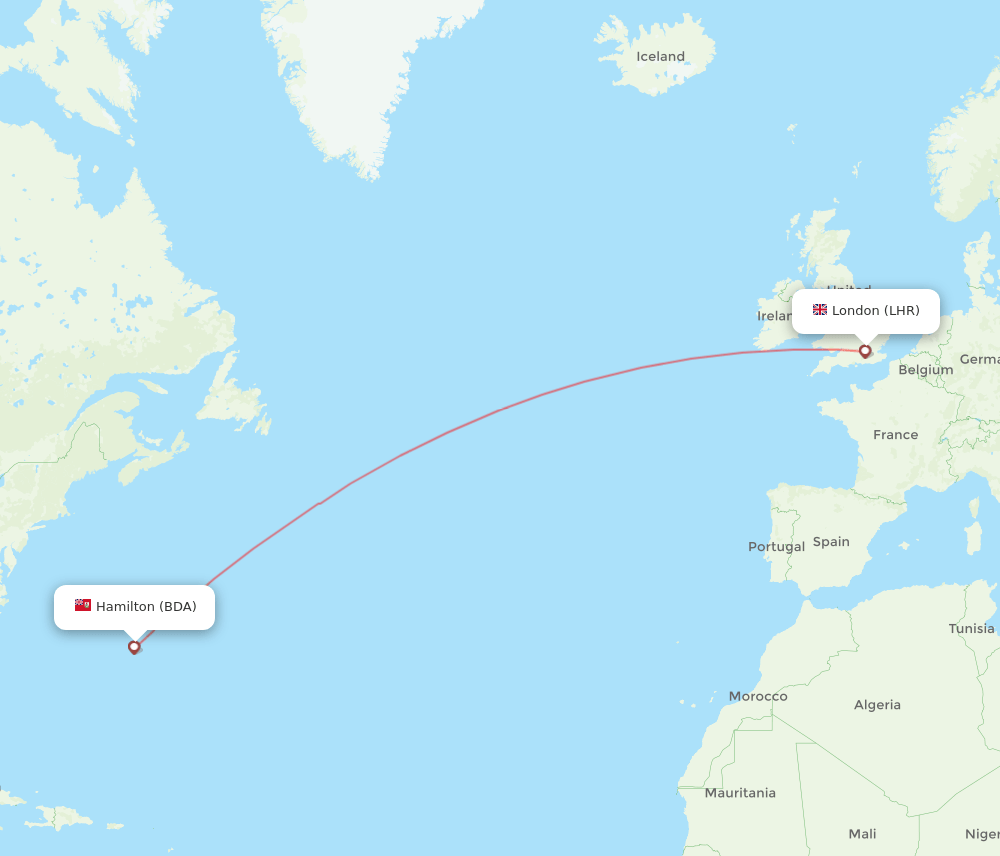 London - Bermuda route map and flight paths