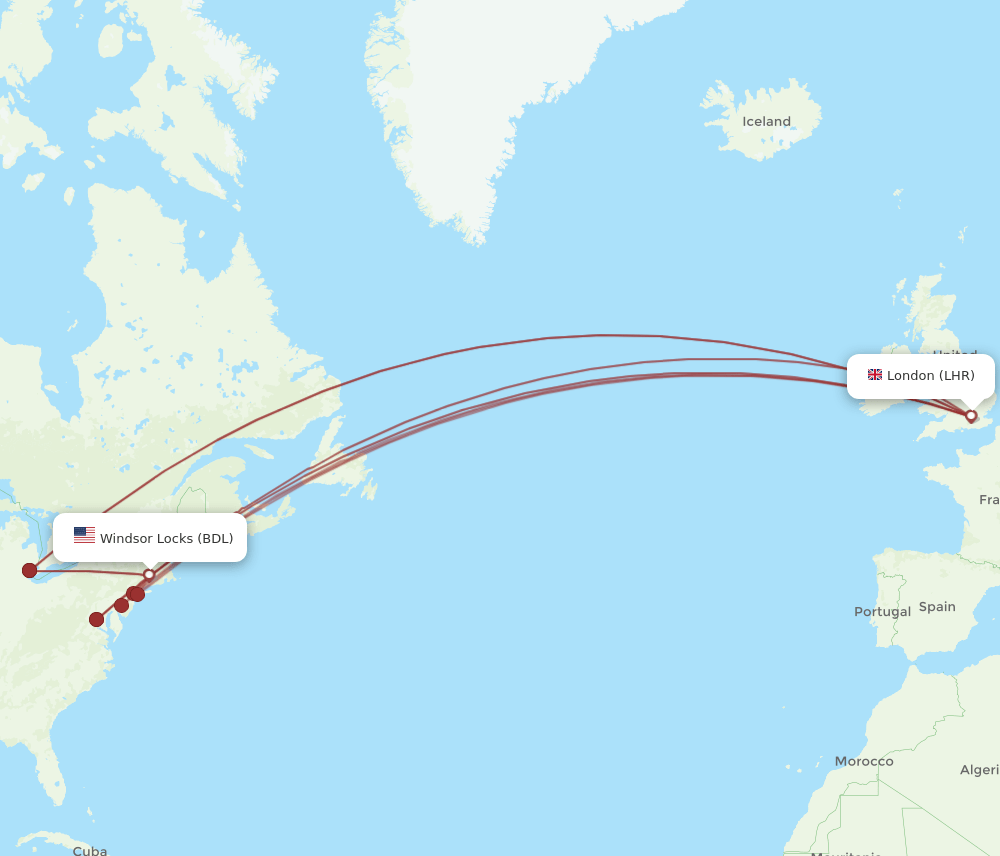 LHR to BDL flights and routes map