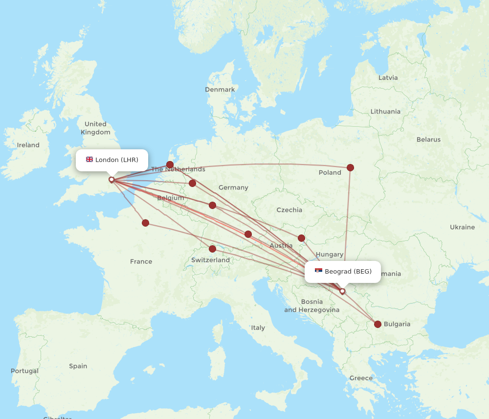 LHR to BEG flights and routes map