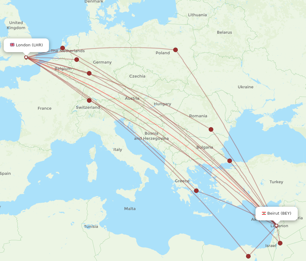 LHR to BEY flights and routes map