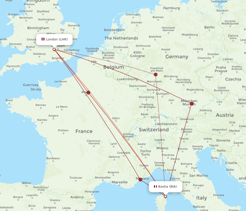 LHR to BIA flights and routes map