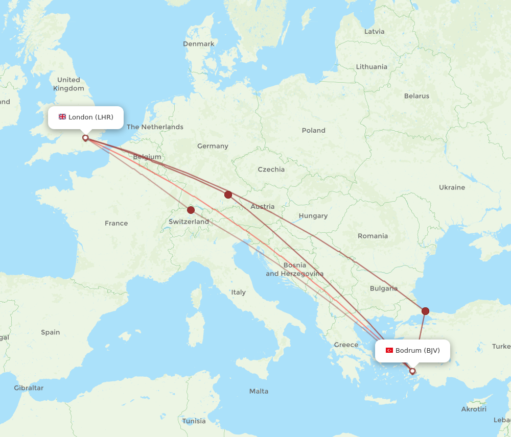 LHR to BJV flights and routes map