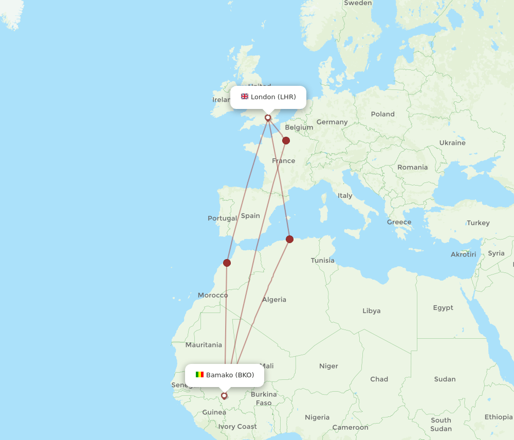 LHR to BKO flights and routes map