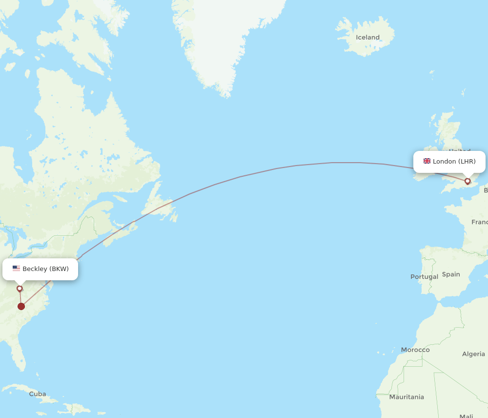 LHR to BKW flights and routes map