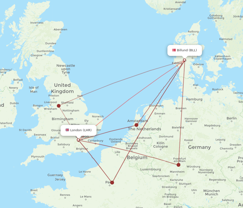 LHR to BLL flights and routes map