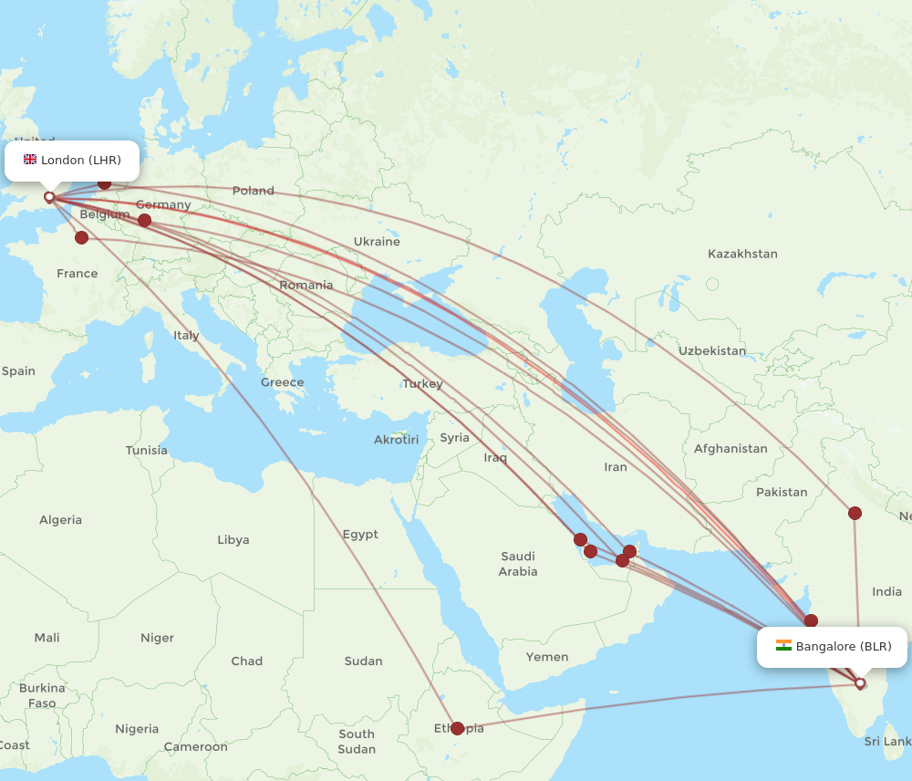 LHR to BLR flights and routes map