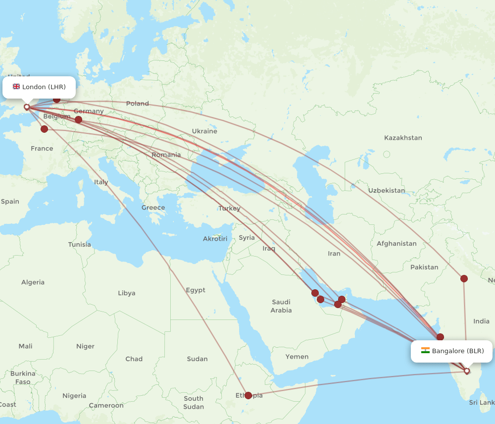 LHR-BLR flight routes