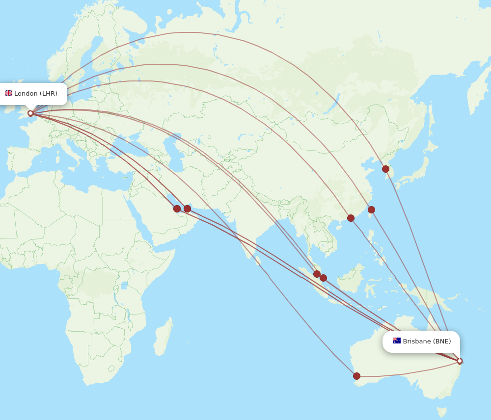LHR to BNE flights and routes map