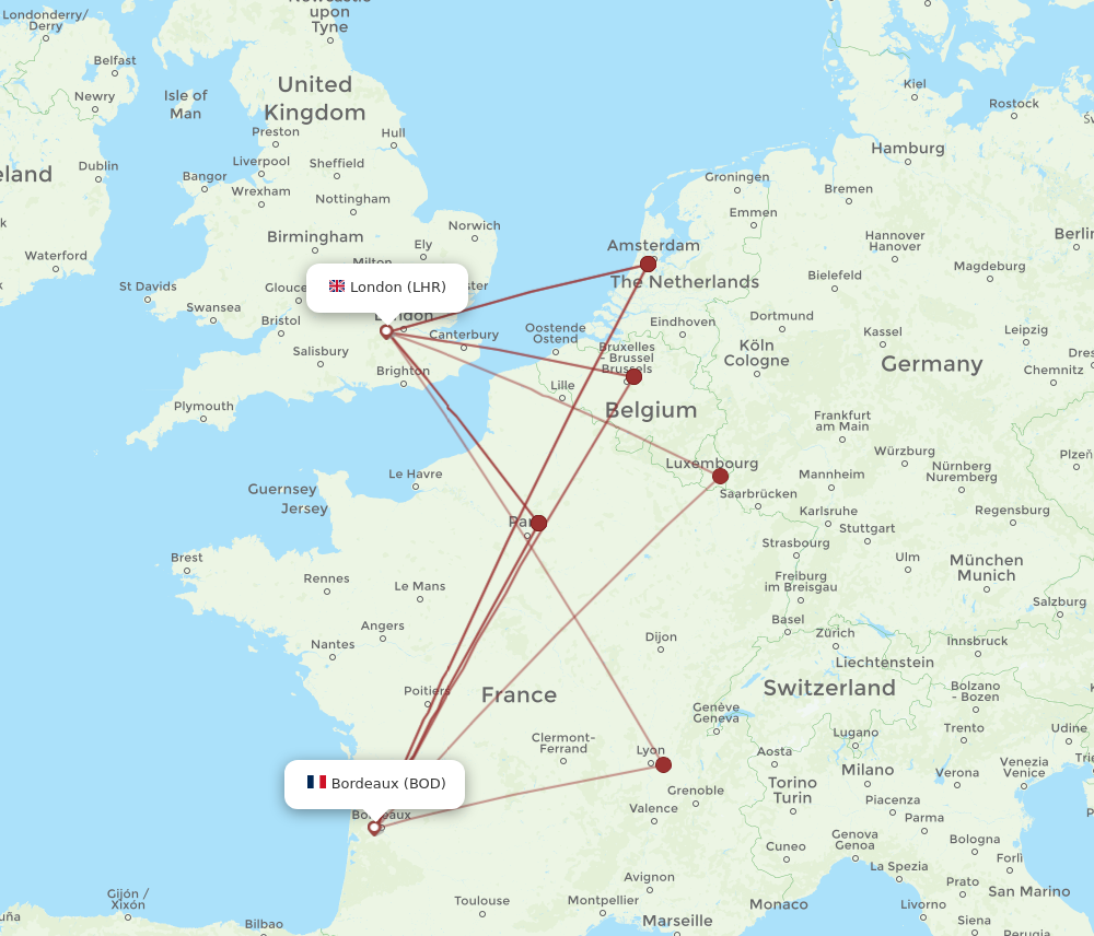 LHR to BOD flights and routes map