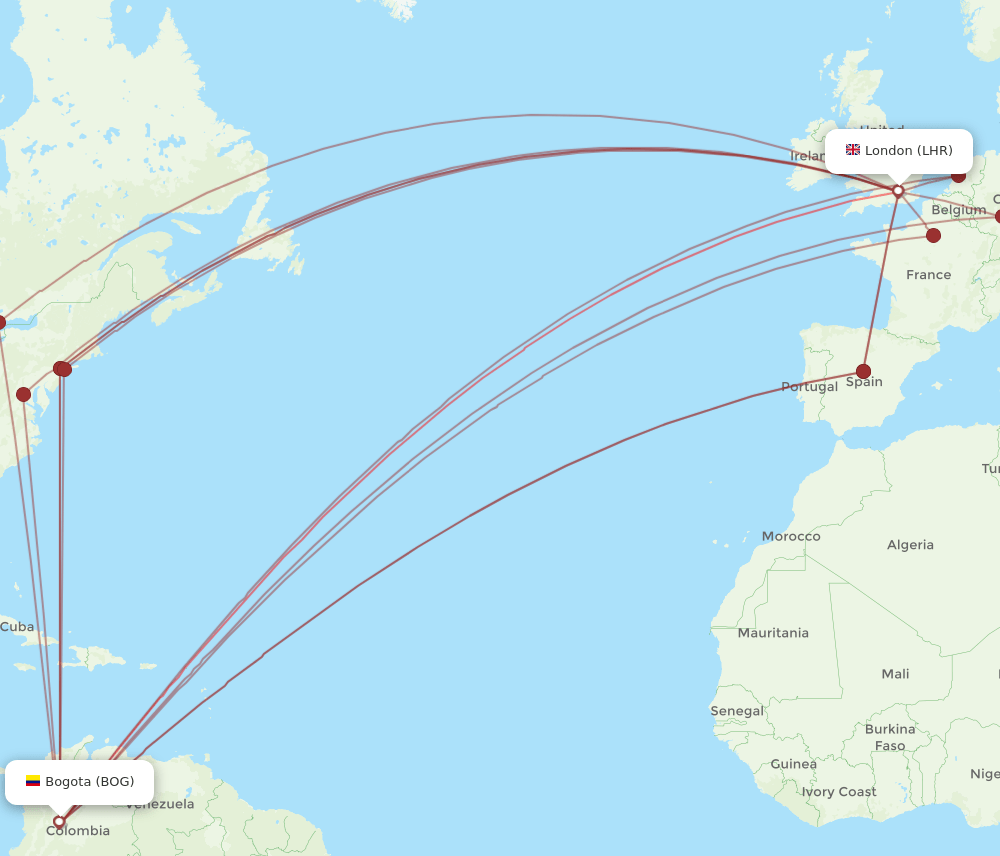 LHR-BOG flight routes