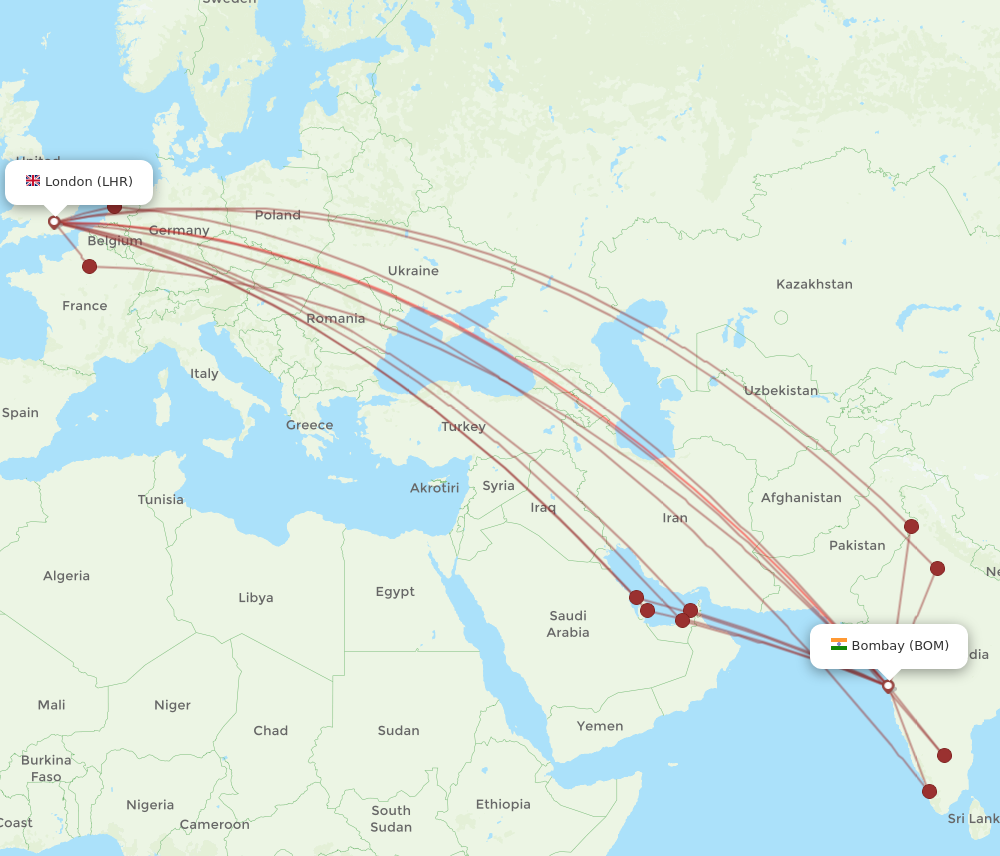 LHR to BOM flights and routes map