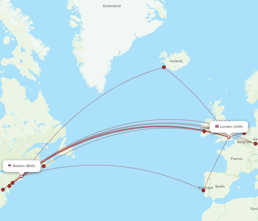 LHR to BOS flights and routes map