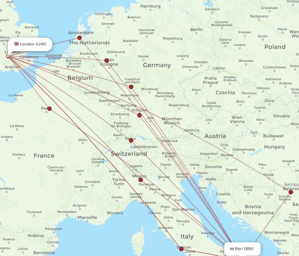 LHR to BRI flights and routes map