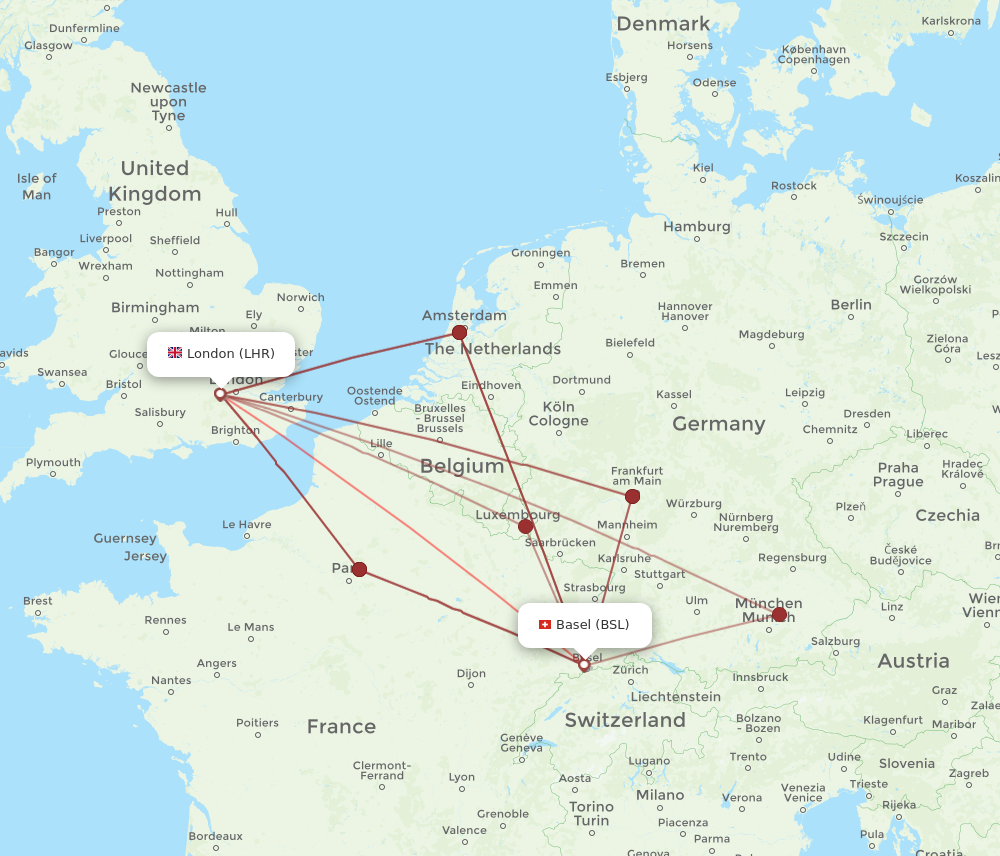 LHR to BSL flights and routes map