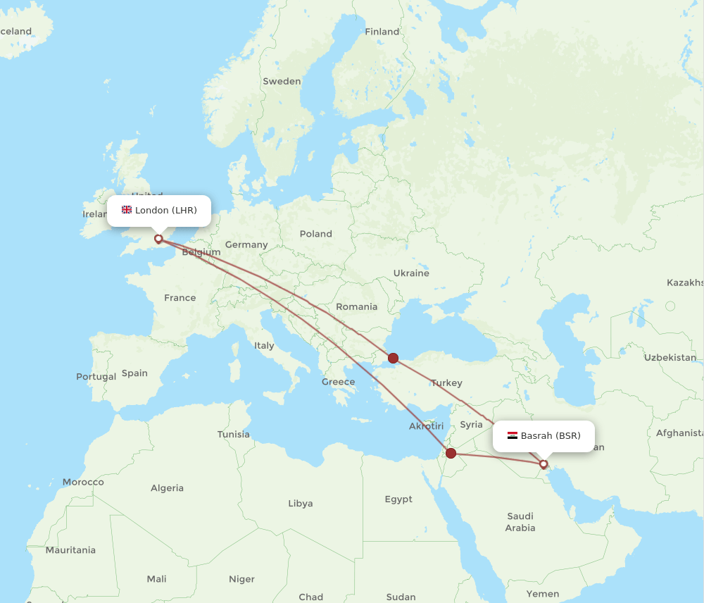 LHR to BSR flights and routes map