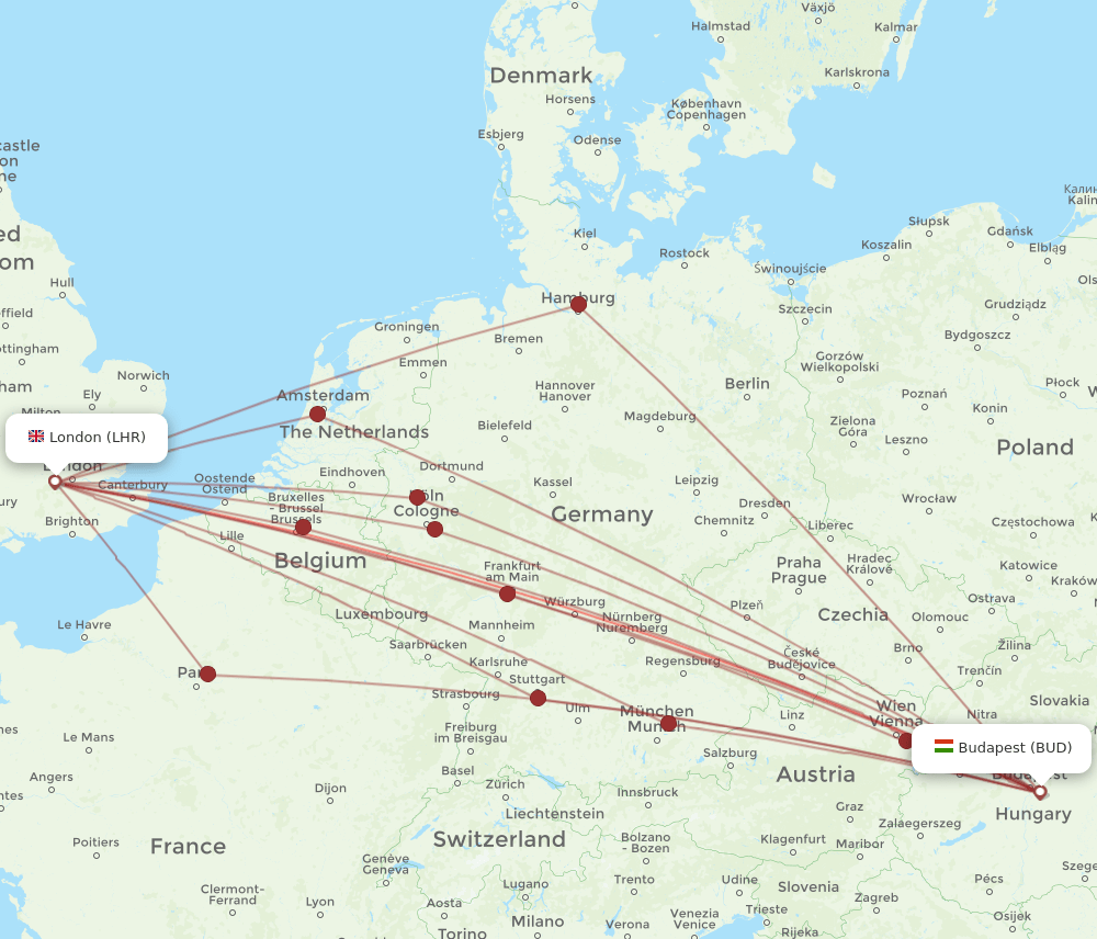 LHR to BUD flights and routes map