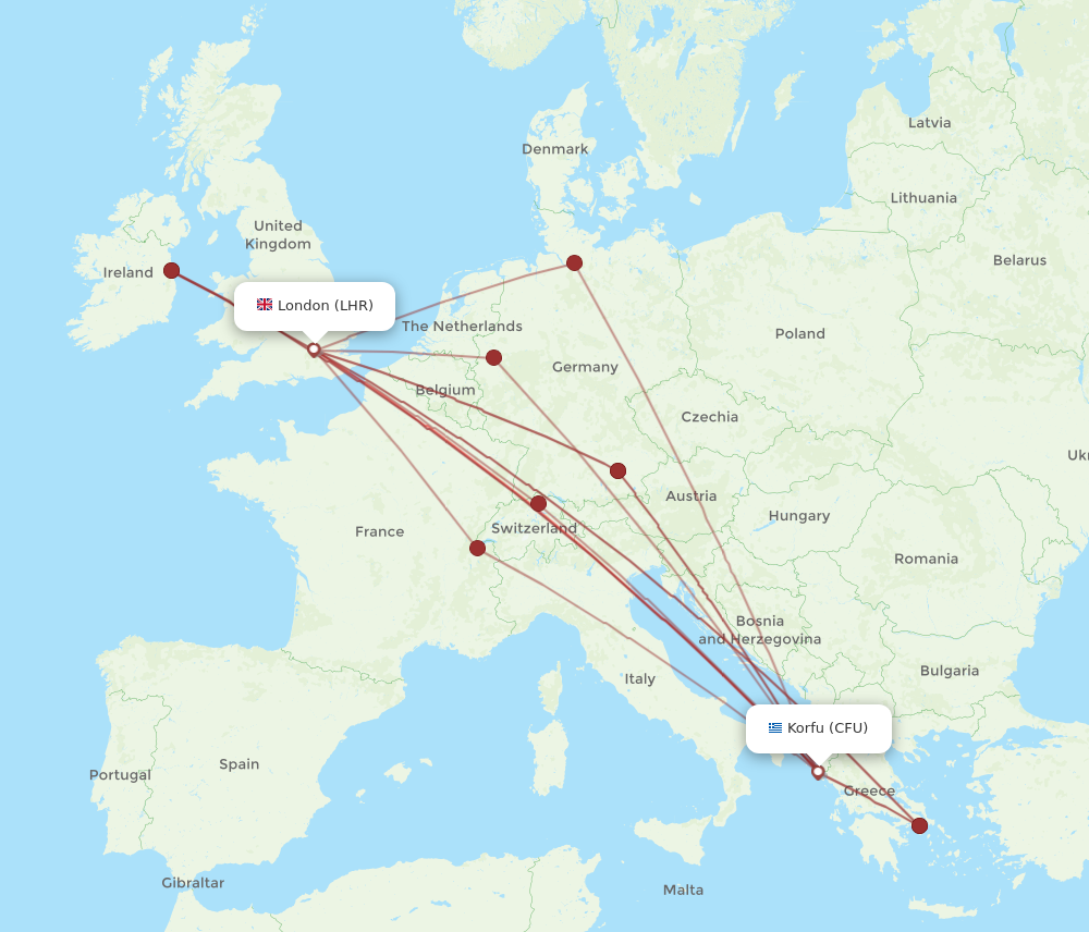 LHR to CFU flights and routes map