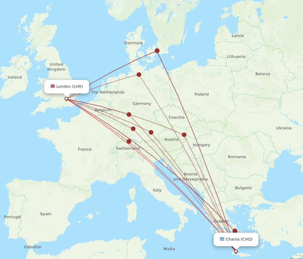 LHR to CHQ flights and routes map