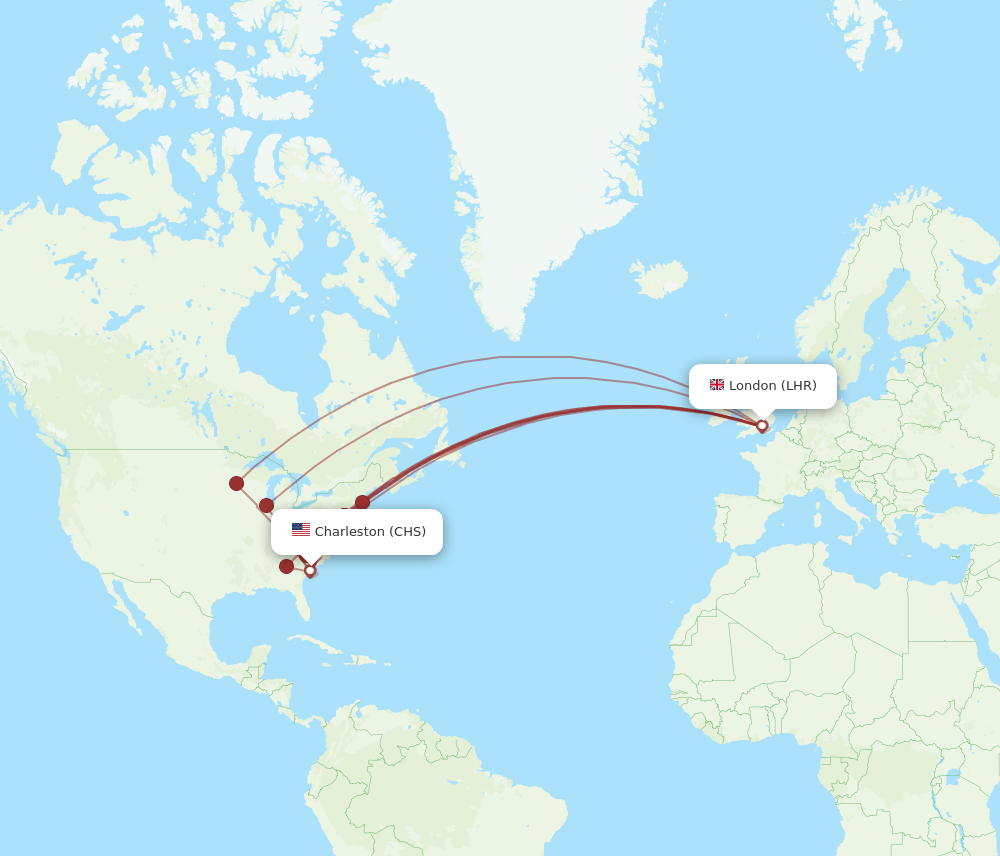 LHR to CHS flights and routes map