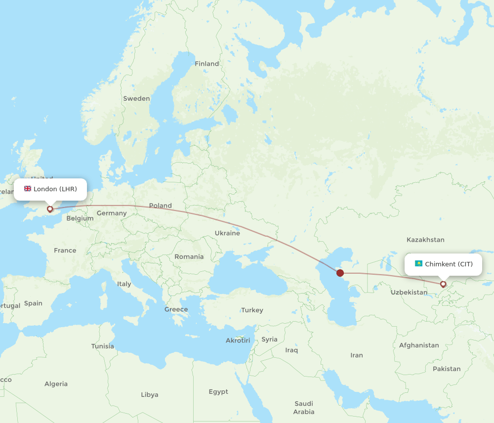 Shymkent - London route map and flight paths