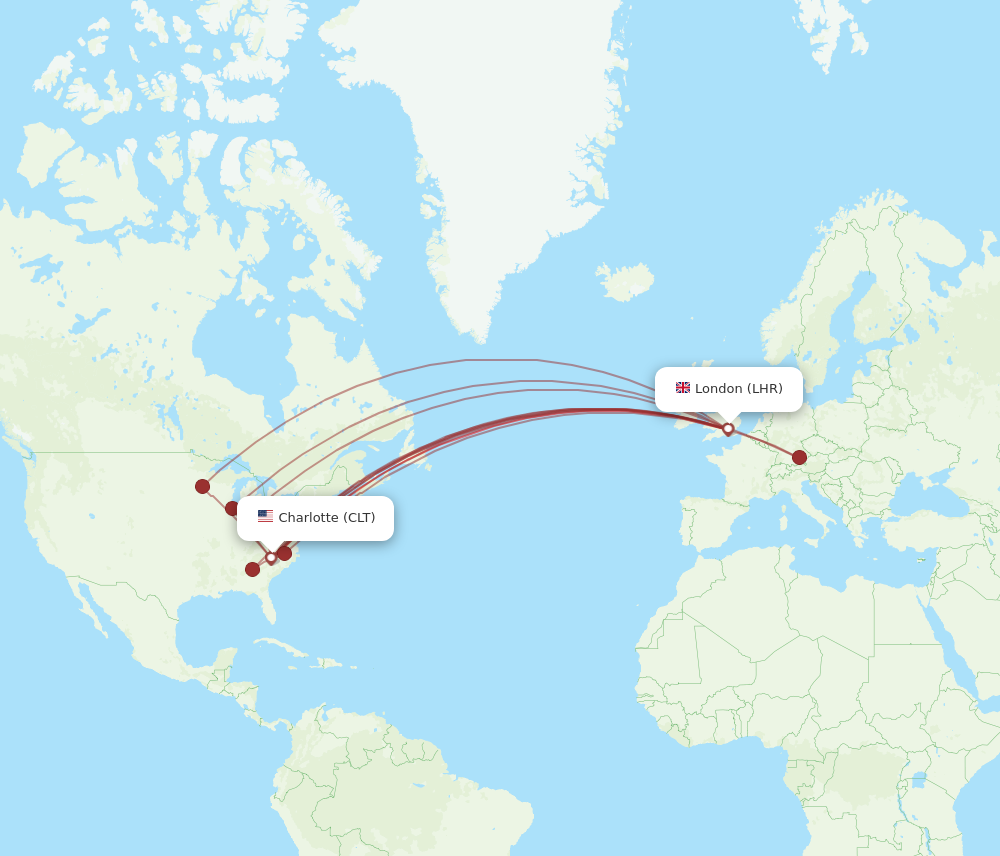 LHR to CLT flights and routes map