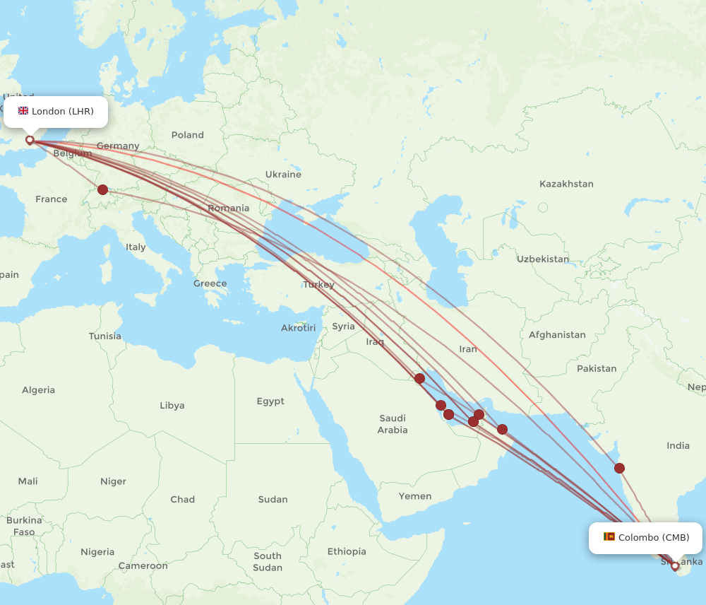 LHR to CMB flights and routes map
