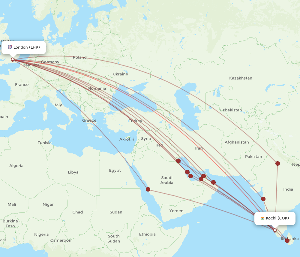 LHR to COK flights and routes map