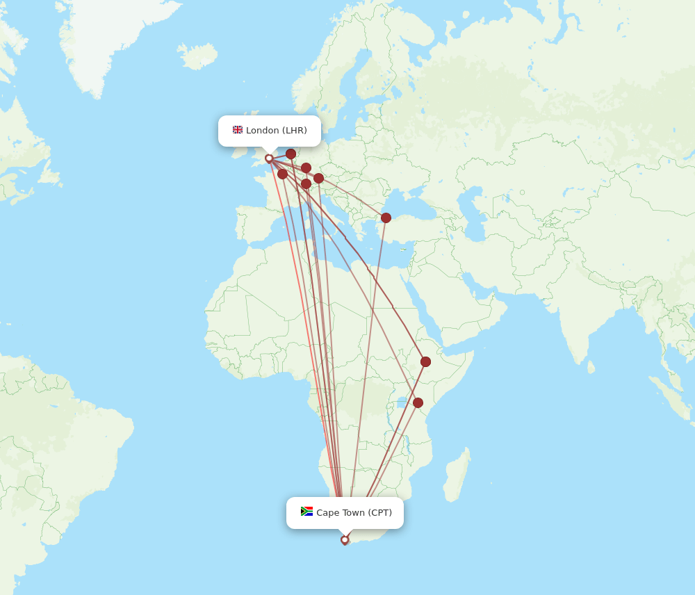 LHR to CPT flights and routes map