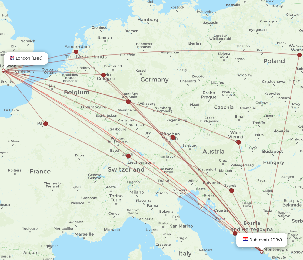 LHR to DBV flights and routes map