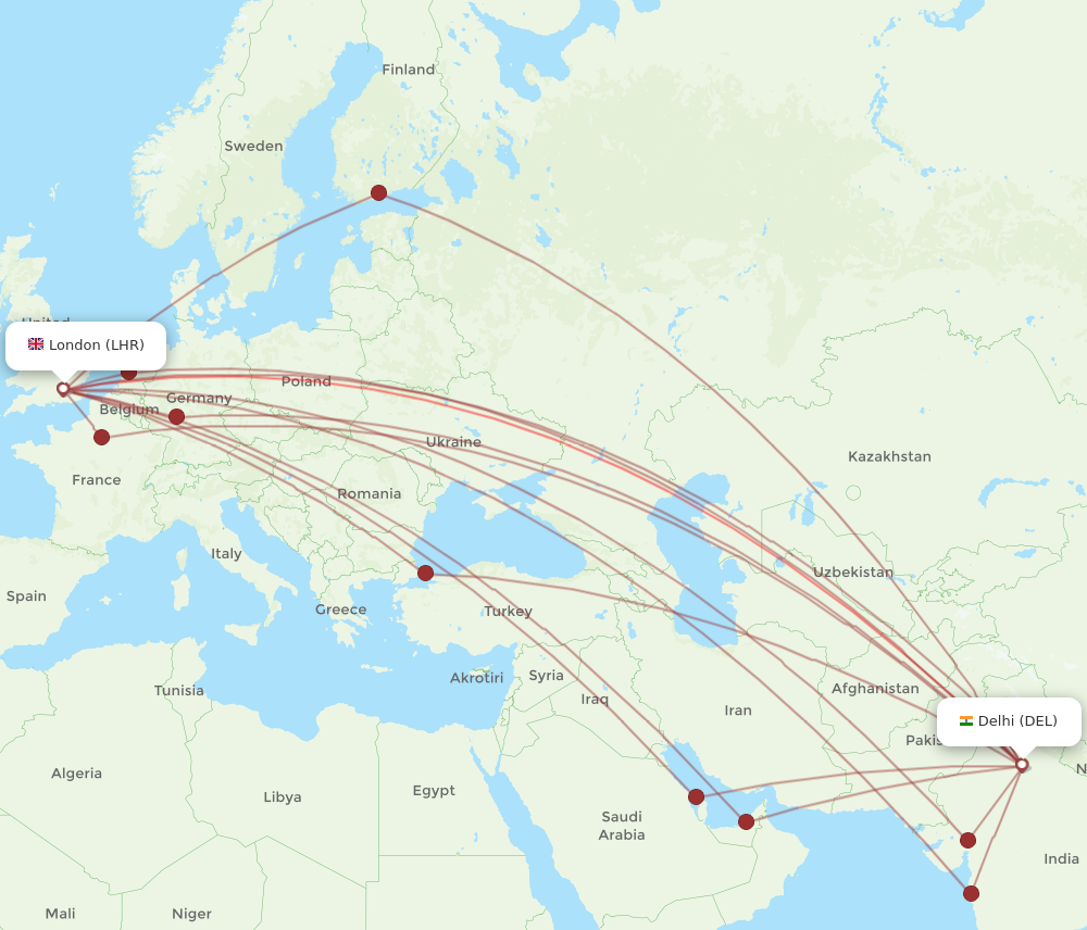 LHR to DEL flights and routes map