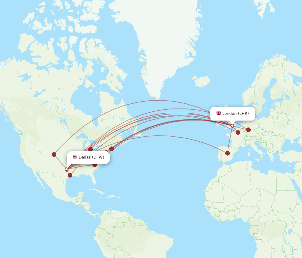 LHR to DFW flights and routes map