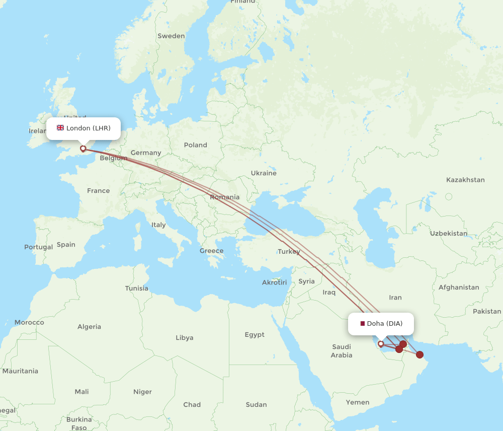 London - Doha route map and flight paths