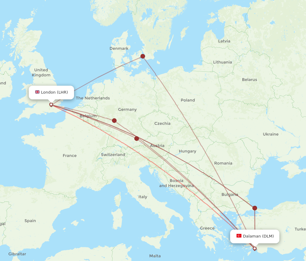 LHR to DLM flights and routes map