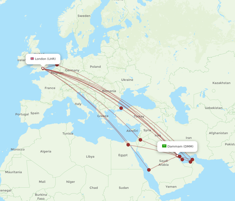 LHR to DMM flights and routes map