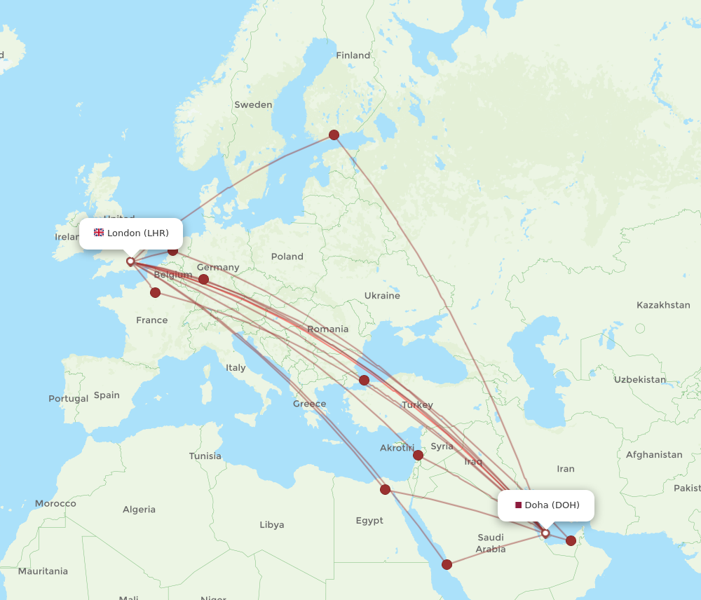 LHR to DOH flights and routes map