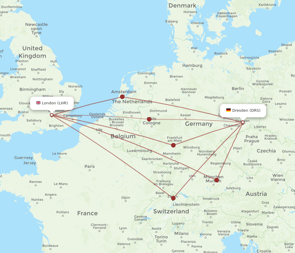 LHR to DRS flights and routes map